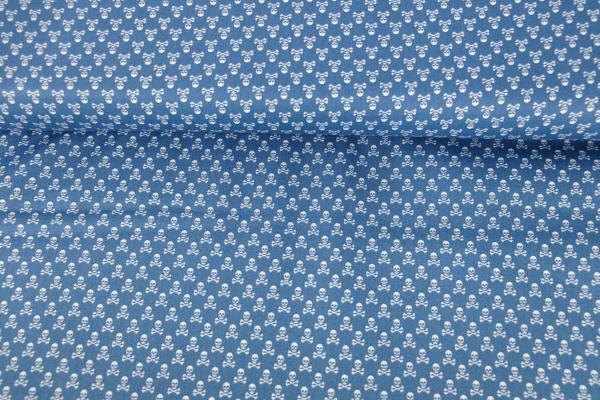 Baumwolldruck Mini Totenköpfe auf Jeansblau